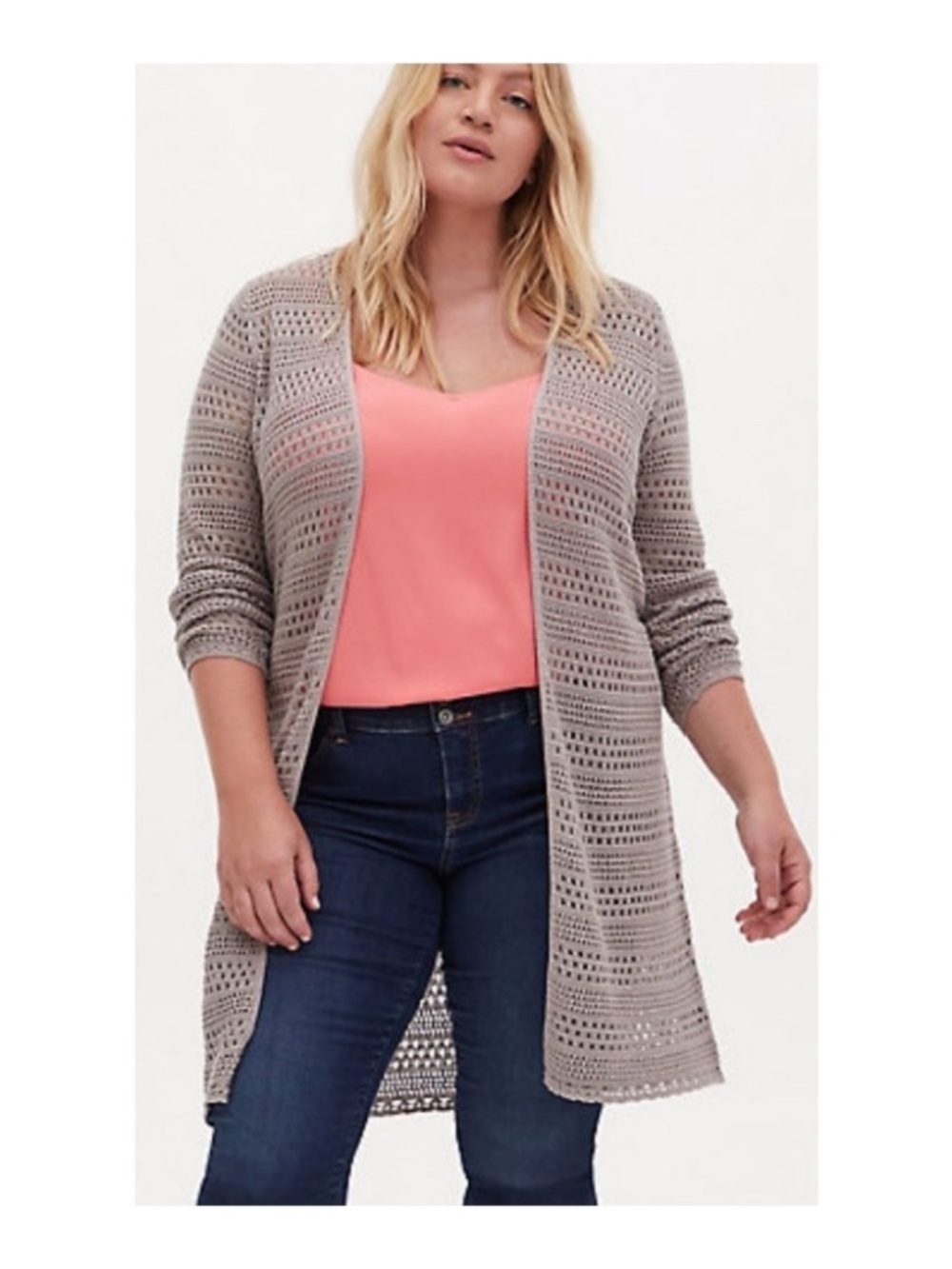 Torrid Pointelle Open Front Duster Cardigan Taupe Size 1 100% Cotton